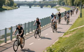 Radfahren in Gruppe am Fluss